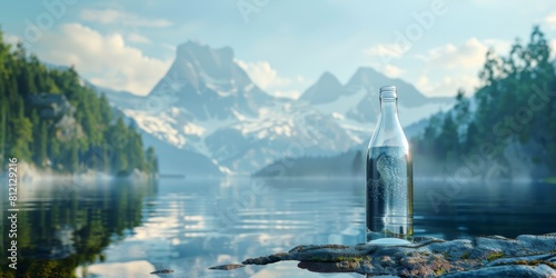  clean drinking water in a bottle against the background of a lake and mountains Generative AI