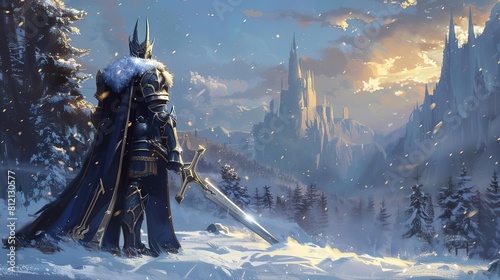 powerful elf king in armor with great sword snowy winter fantasy landscape concept art digital painting