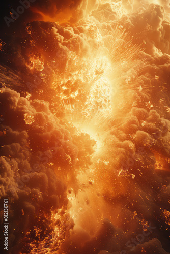 Detailed visualization of a thermonuclear explosion, depicting the initial nuclear fusion and resultant massive energy release,