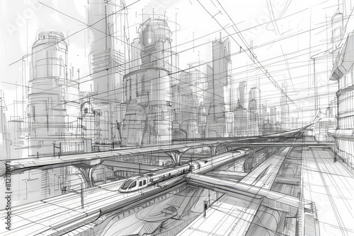 architectural sketches for a skyscraper that doubles as a vertical transportation hub, with high-speed trains and aerial tramways connecting different levels of the city.