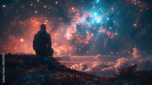 A serene digital illustration of a man sitting on a mountain, gazing into a spectacular cosmic phenomenon of vibrant nebulae and stars