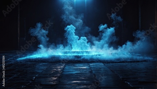 3D rendering abstract dark empty scene stage spotlight on stage fountain in the night city 