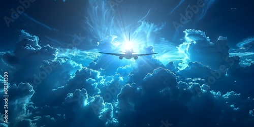 Sun shines through clouds as a plane crosses the sky. Concept Sky, Sun, Plane, Clouds, Nature