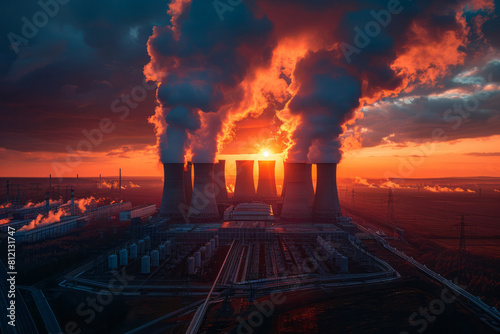 Artistic scene of a thermal power station, with steam rising from cooling towers at sunset,