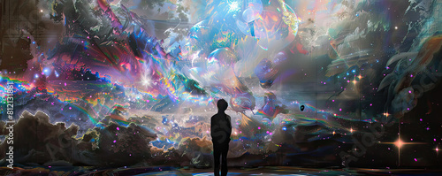 An abstract digital painting of a colorful cosmic explosion with a human silhouette standing in awe of the surrounding chaos.