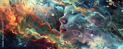 A woman stands facing a swirling vortex of ethereal smoke and glowing orbs of light in a surreal, dreamlike environment.