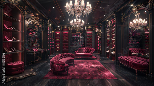 A luxurious shoe store with velvet-covered walls and crystal chandeliers