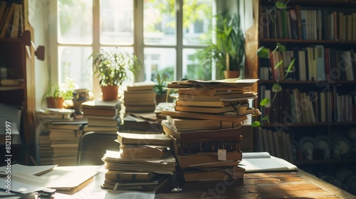 serene studious atmosphere sunlit academic workspace with stacks of books and papers concept indoor photoshoot