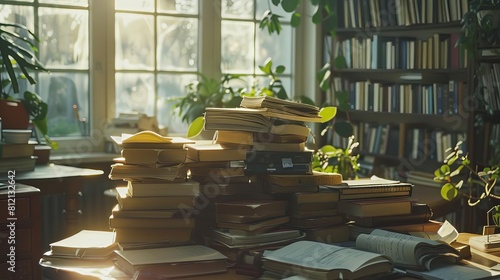 serene studious atmosphere sunlit academic workspace with stacks of books and papers concept indoor photoshoot