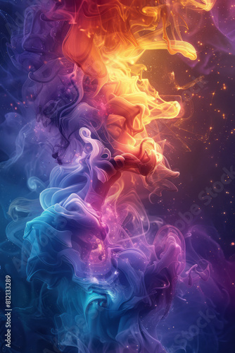 Illustration of a turbulent flow in a fluid, with chaotic eddies and swirls visualized in vibrant colors,