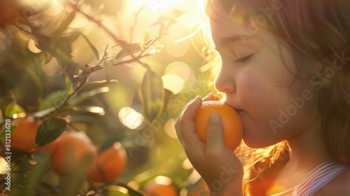 A young girl intimately engaging with the scent of a fresh citrus fruit in a sunlit grove. A young girl inhales the fresh scent of an orange amidst the warm glow of a citrus grove at sunset. AIG50