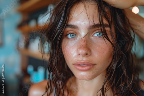 Close-up of a young woman with wet hair and freckles, showcasing her natural beauty
