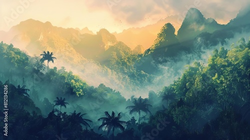 tranquil misty rainforest with lush green foliage and majestic mountains at sunrise nature landscape digital painting