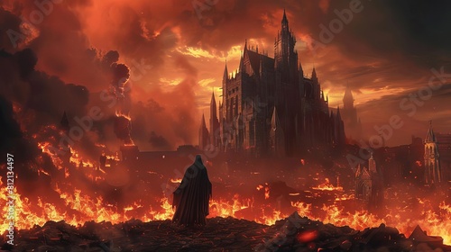 ultimate god of death ruling over hell dark fantasy scene with fire and castle digital painting