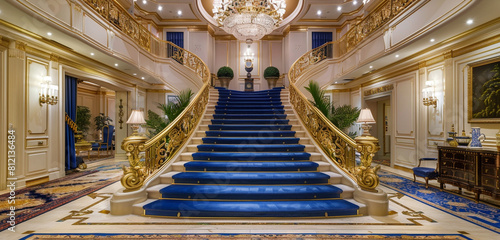 Grand entrance hall with royal blue carpeted stairs surrounded by a luxurious gold balustrade and a finely woven area rug The opulent setting is illuminated by an elaborate ceiling fixture