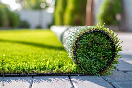 Close-up of rolled synthetic grass ready for garden installation on a sunny day