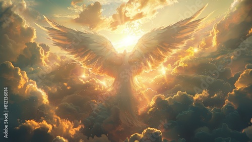The image shows a bright light from heaven with a pair of angel wings.