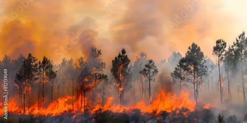A massive forest fire consumes pine groves destroying trees and spreading smoke. Concept Wildfire, Forest Destruction, Environmental Disaster, Smoke Clouds Forests, Pine Grove Devastation