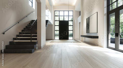 Minimalist entrance with a slate black staircase broad front door and wide light hardwood floors extending to a vaulted ceiling Sleek contemporary style