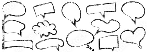 Hand drawn doodle grunge speech bubbles and dialogue emphasis. Charcoal pen line chat ballons. Marker scratch scribble wipeout. Round scrawl cloud frames. Vector illustration 