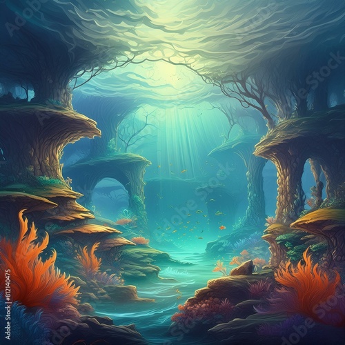 Para un fondo de pantalla de un paisaje submarino, imagina un mundo sumergido lleno de vida y color, donde la luz del sol se filtra a través de las aguas cristalinas. En el centro de la imagen, un arr