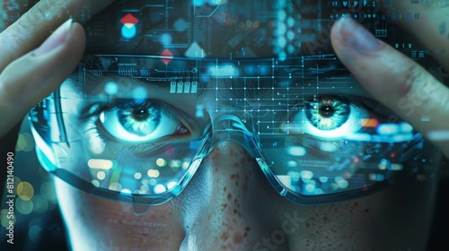 The image shows a person wearing a pair of glasses that are displaying a lot of data