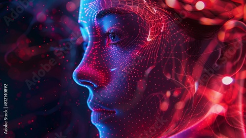 The image shows a woman's face in blue light with a red background