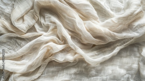 The photo shows a soft, beige fabric with a slightly wrinkled texture