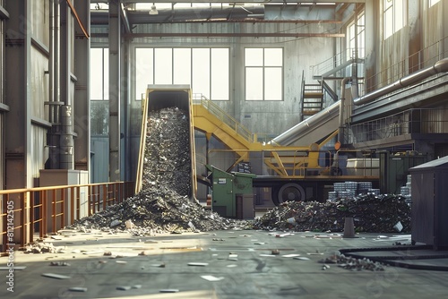 The factory conveyor belt moves the scrap metal to be recycled.