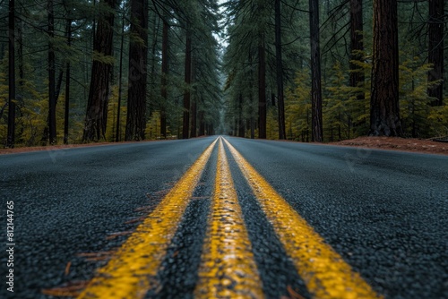 Tranquil and mysterious misty forest road perspective with vanishing point and empty asphalt path through serene woodland landscape