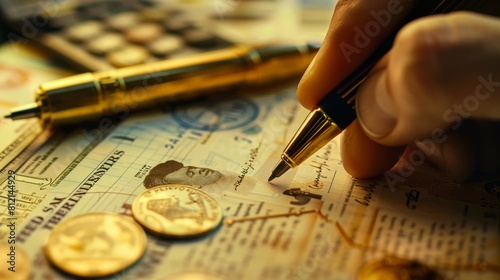 Close-up view of a person's hand writing on a piece of paper with a gold fountain pen