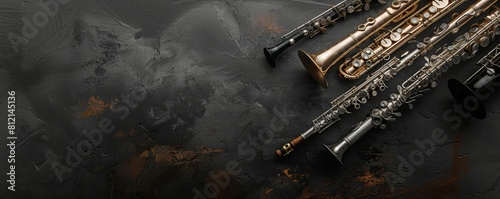 Woodwind Instruments Displayed on a Dark Background include clarinet, oboe, flute