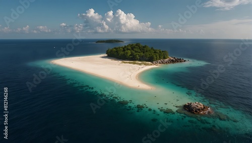 a beach and a little island in the middle of the sea
