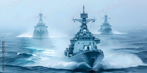Military ships engage in combat maneuvers at sea performing tasks in the navy. Concept Navy Operations, Naval Combat, Military Ships, Sea Maneuvers, Combat Training