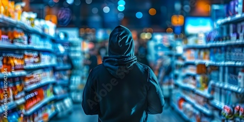 Individual in black hoodie in store raises concerns about retail security. Concept Retail Security, Suspicious Activity, Black Hoodie, Loss Prevention, Store Safety