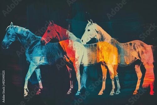 Three horses of different colors, red, blue and yellow, are walking side by side.
