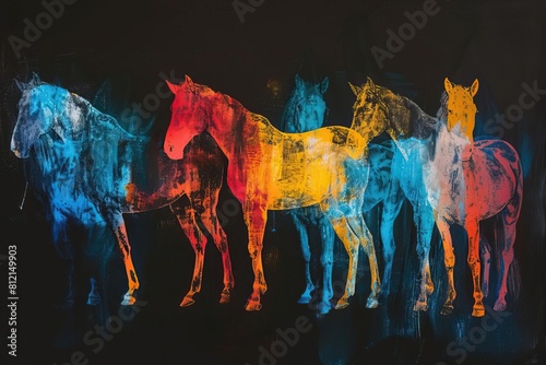 Colorful Horses in a Field at Night