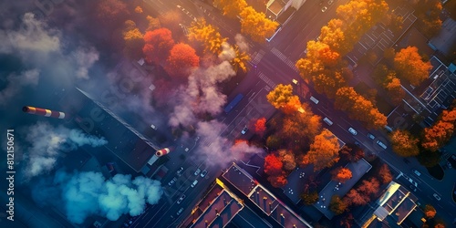 Aerial drone captures urban pollution CO2 emissions smokestacks traffic jams dirty streets. Concept Urban Pollution, CO2 Emissions, Aerial Drone Captures, Environmental Impact, Traffic Jams