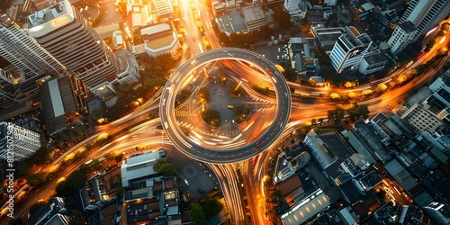 Aerial view of roundabout in Chinatown Bangkok captured in 4K quality. Concept Aerial Photography, Cityscape, Bangkok, Street Intersection, Transportation