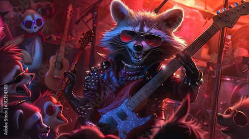 Anthropomorphic raccoon playing electric guitar in a rock band setting. 3D illustration with dynamic concert lighting. Music and entertainment concept. Design for poster, greeting card.
