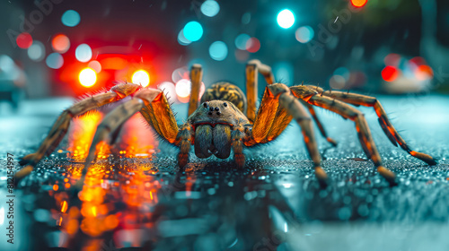 Elegantly clad spider weaves through city streets, a stylish arachnid donned in tailored fashion, epitomizing street style.