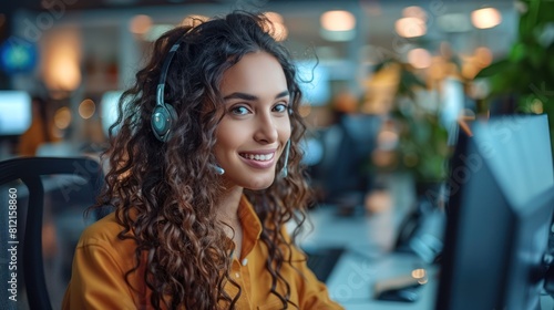 Smiling Customer Service Rep Assisting on Computer in Office Setting