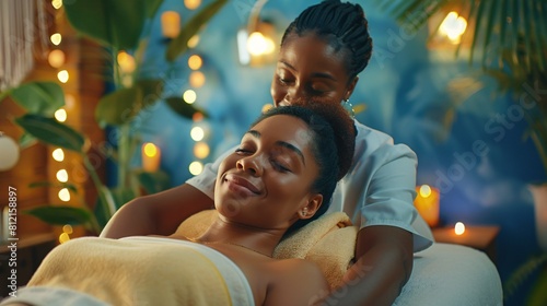 Immerse yourself in the soothing atmosphere of relaxation with this realistic stock photo capturing a dark-skinned woman massage therapist at work