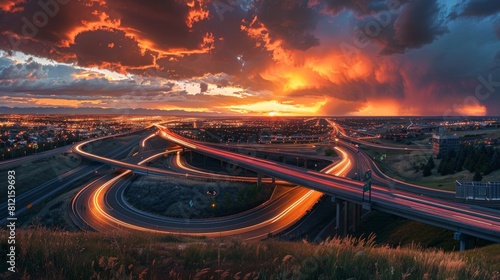 A panoramic view of a busy highway interchange at sunset