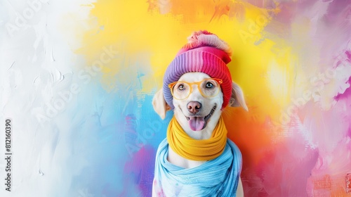 Dog wearing colorful hat scarf funny expression on its face