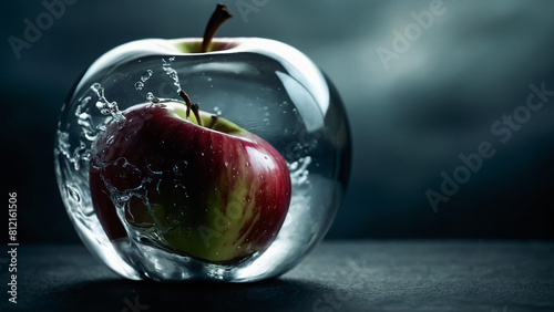 Apple is under water in a stream of air bubbles on a black background 