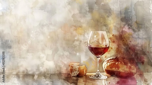 abstract digital watercolor painting of eucharistic symbols wine and bread on table religious background digital painting