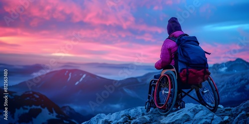 Wheelchair user conquers mountain summit displaying resilience and determination to overcome challenges. Concept Resilience, Determination, Mountain Summit, Wheelchair User, Overcoming Challenges