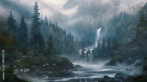 Mist rises from the tranquil river, shrouding the surrounding landscape in a veil of mystery, as if nature itself is whispering secrets to those who care to listen.
