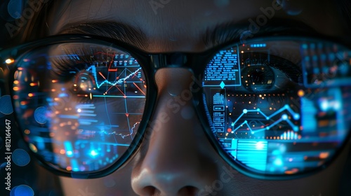 A closeup of the eye and glasses reflecting digital data, symbolizing AIs role in enhancing vision health management through advanced tech tools The focus is on the face